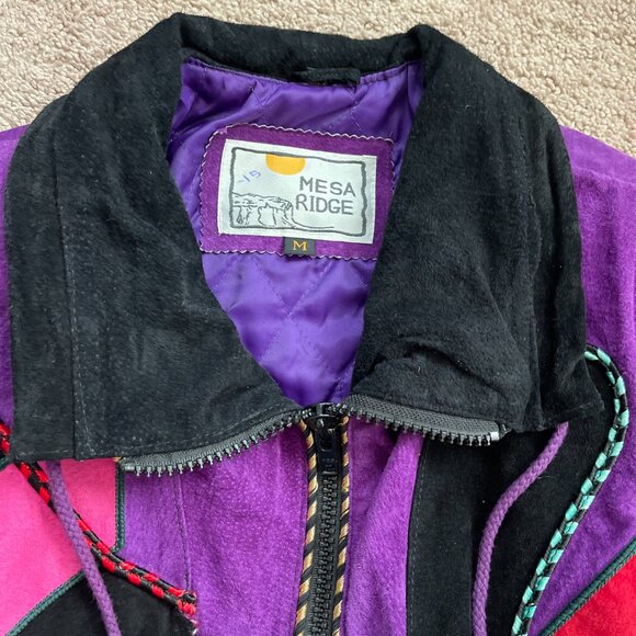 Mesa Ridge Suede Coat Womens M Purple Black Leather Southwestern Bomber Jacket - Picture 5 of 11